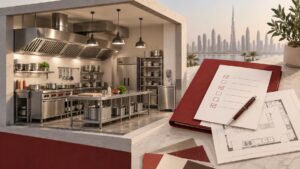 Editorial illustration of a commercial kitchen beside a document checklist and floor plan